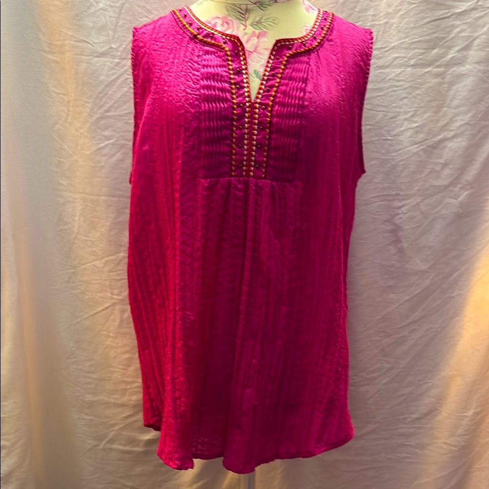 Pink Sleeveless Women's Beaded Embroidered Pleated Top Art and Soul Size L